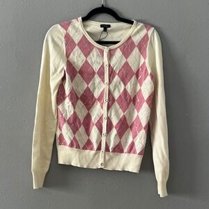 Talbots Cardigan Womens S‎ Pink Cream Argyle Sequin Button Front Sweat Academia